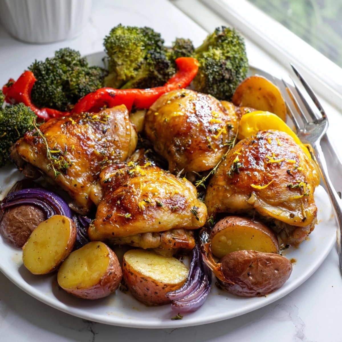 Honey Lemon Roasted Chicken Sheet Pan with golden veggies, glistening glaze, and fresh herbs for dinner.
