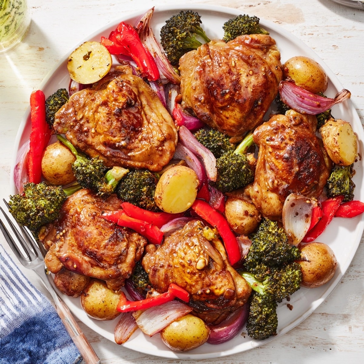 Closeup of Honey Lemon Roasted Chicken Sheet Pan featuring caramelized skin and zesty, colorful vegetables on parchment.
