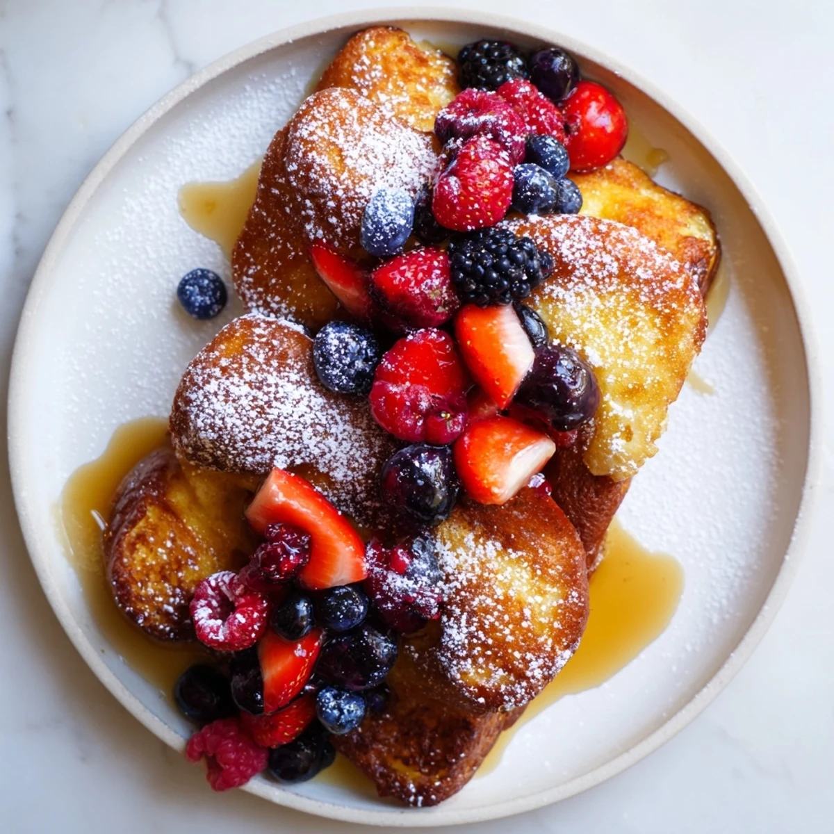 Delicious French toast recipe featuring perfectly cooked, custardy bread, berries, and a maple syrup drizzle.