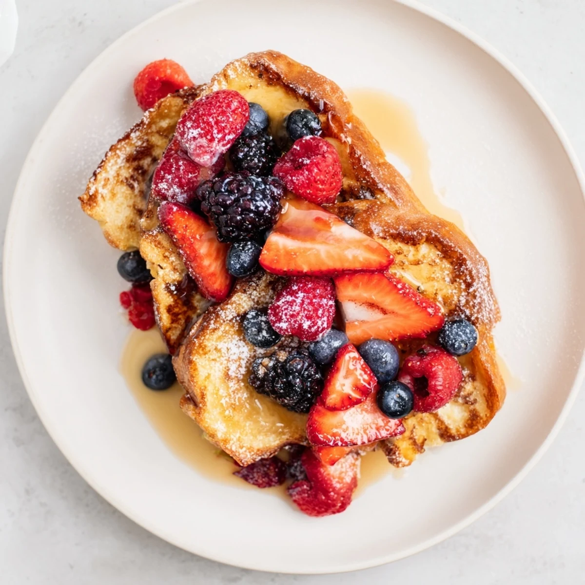 Warm, cinnamon-kissed French toast with a vibrant berry medley, perfect for a special brunch bite.