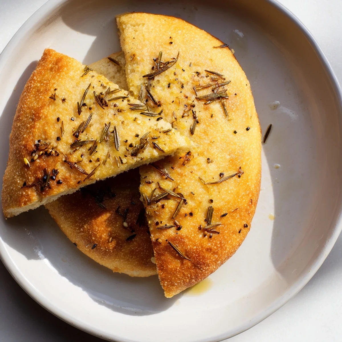 Warm, rustic wedges of Yeast-Free Garlic and Rosemary Bannock Bread, smelling of rosemary, fresh from the oven, ready to serve!