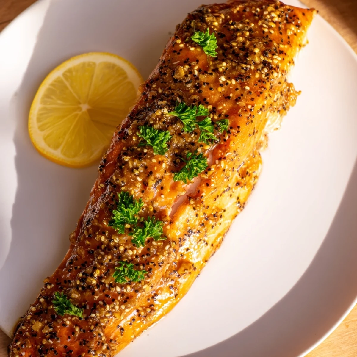 Honey mustard glazed salmon, beautifully browned, ready to be served with lemon wedges.