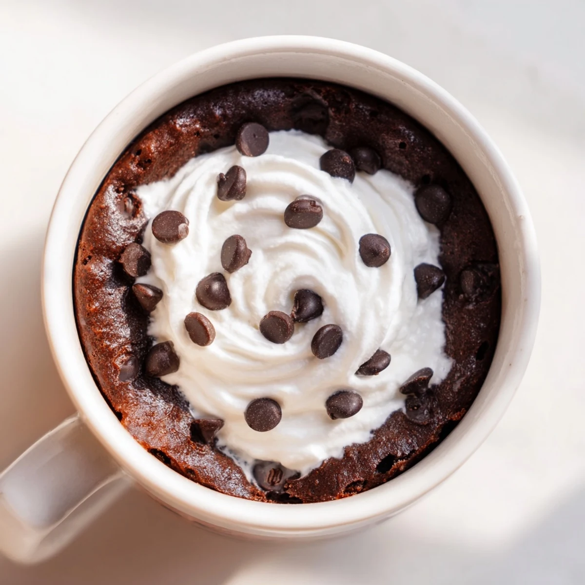 Steaming hot chocolate mug cake topped with whipped cream, ideal for a quick American dessert.