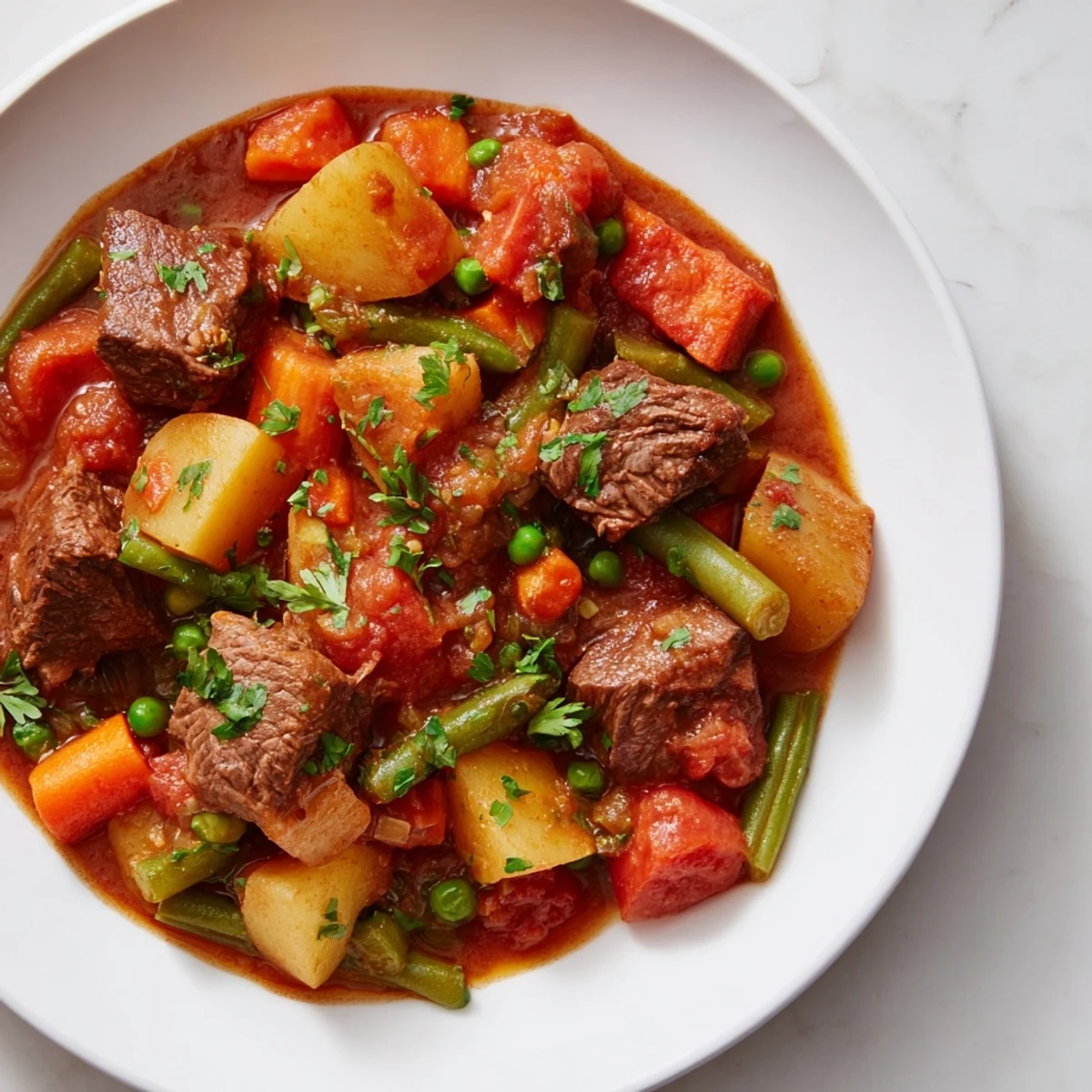 Hearty pressure cooker beef and vegetable stew, a close-up showing delicious beef and vegetable textures.