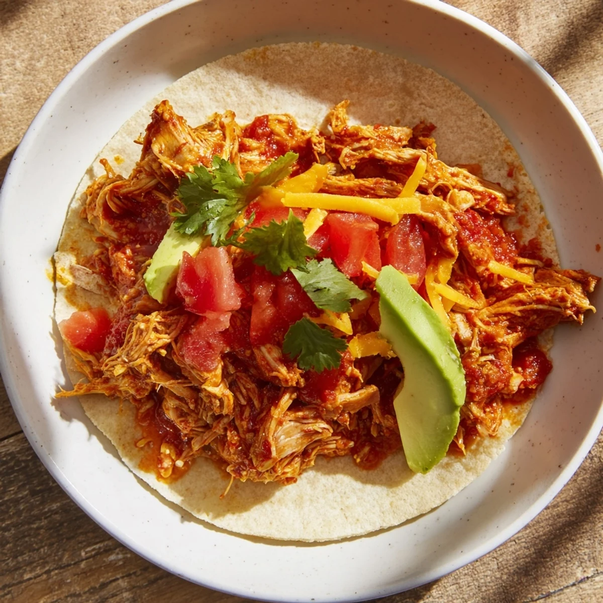 Slow cooker shredded chicken tacos, brimming with flavorful meat and vibrant toppings, ready to eat.