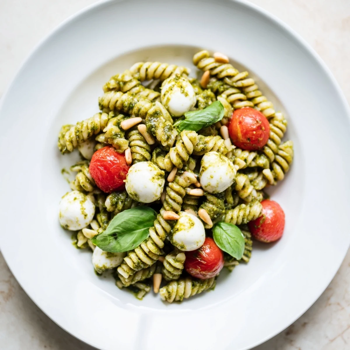 Creamy mozzarella and vibrant pesto coat the cold pasta salad, perfect for a summer picnic idea.