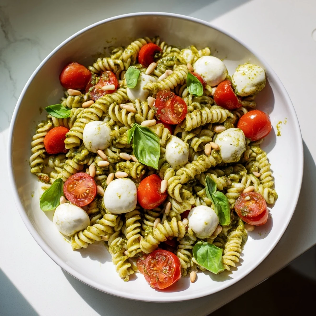 Lemony cold pasta salad with pesto, mozzarella, and juicy cherry tomatoes for a bright lunch.