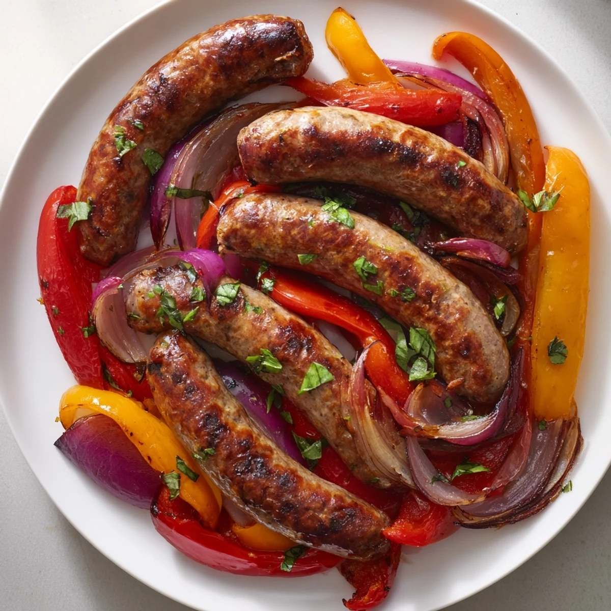 Delicious sheet pan Italian sausage, peppers, and onions, showcasing browned sausage and sweet, caramelized bell peppers.