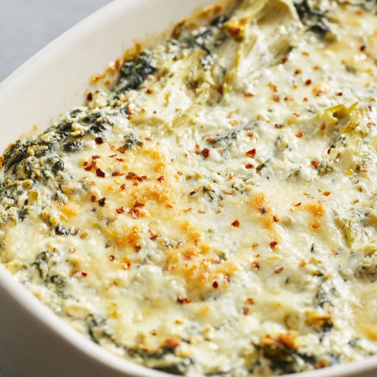 Warm Spinach and Artichoke Dip, bubbling and golden, ready to scoop with crispy baguette slices.