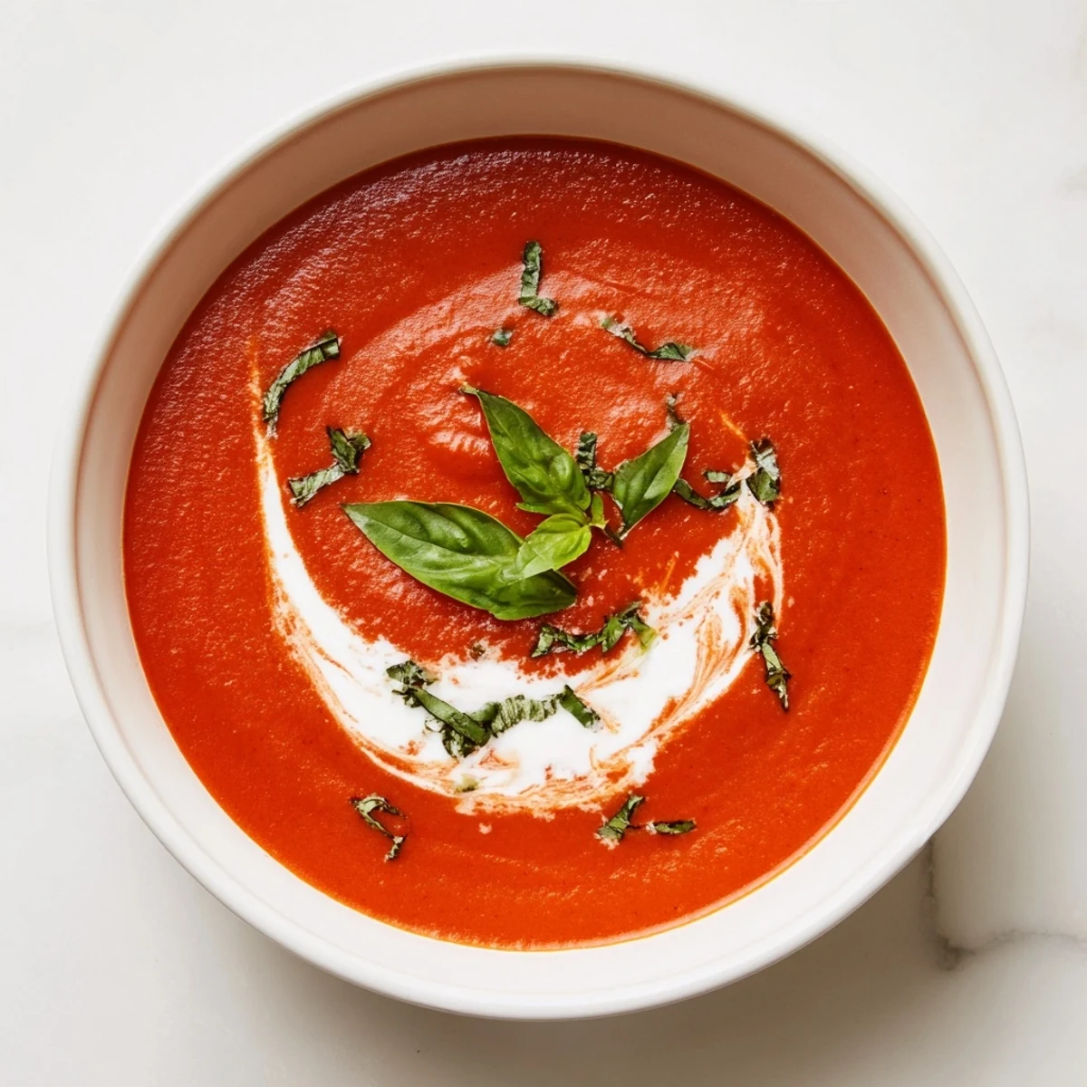 Rich and red, this homemade Comfort Soup showcases the vibrant flavors of tomato and basil.
