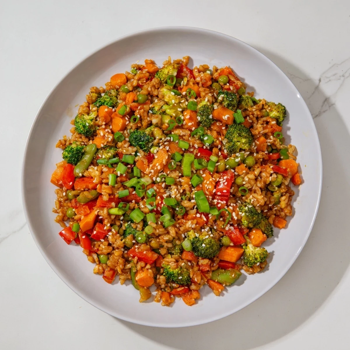 Enjoy a delicious plate of crispy vegetable fried rice bowls, full of colorful vegetables and flavor.