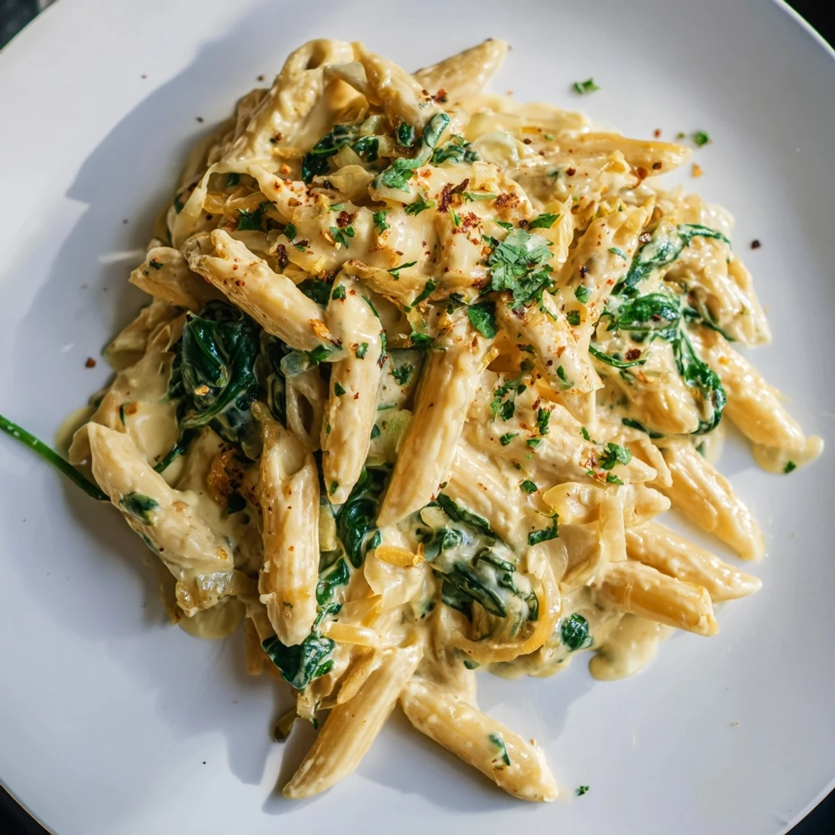 Steaming The Magic Casserole: Creamy Spinach Pasta One-Pot, a bubbling skillet of cheesy pasta and spinach.
