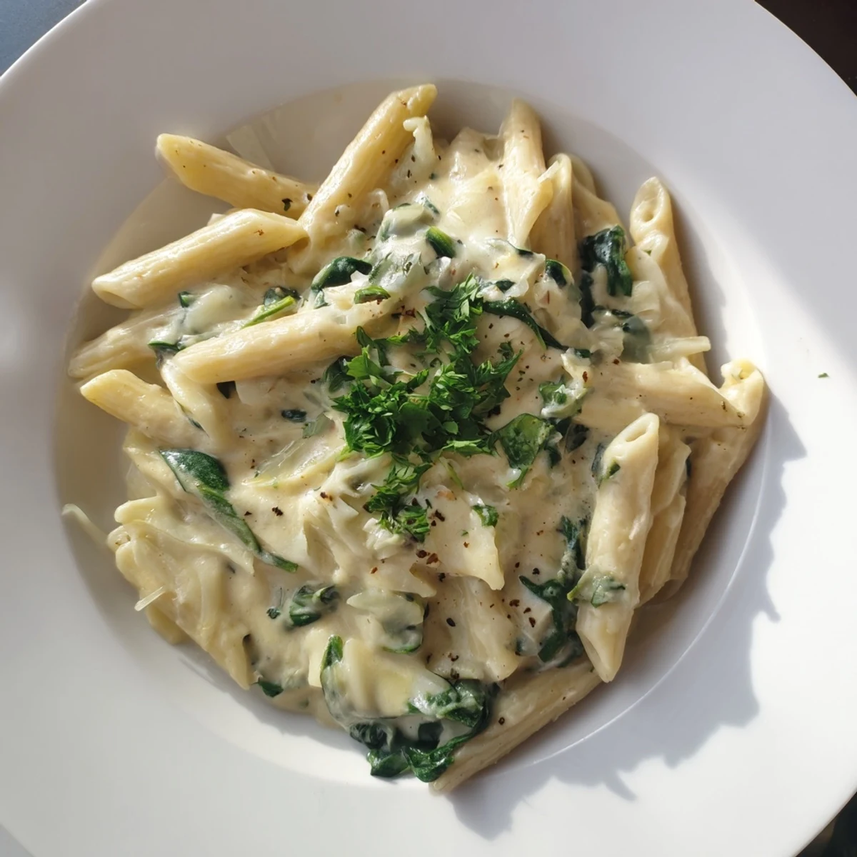 Enjoy a forkful of The Magic Casserole: Creamy Spinach Pasta One-Pot, a hot, flavorful vegetarian meal.