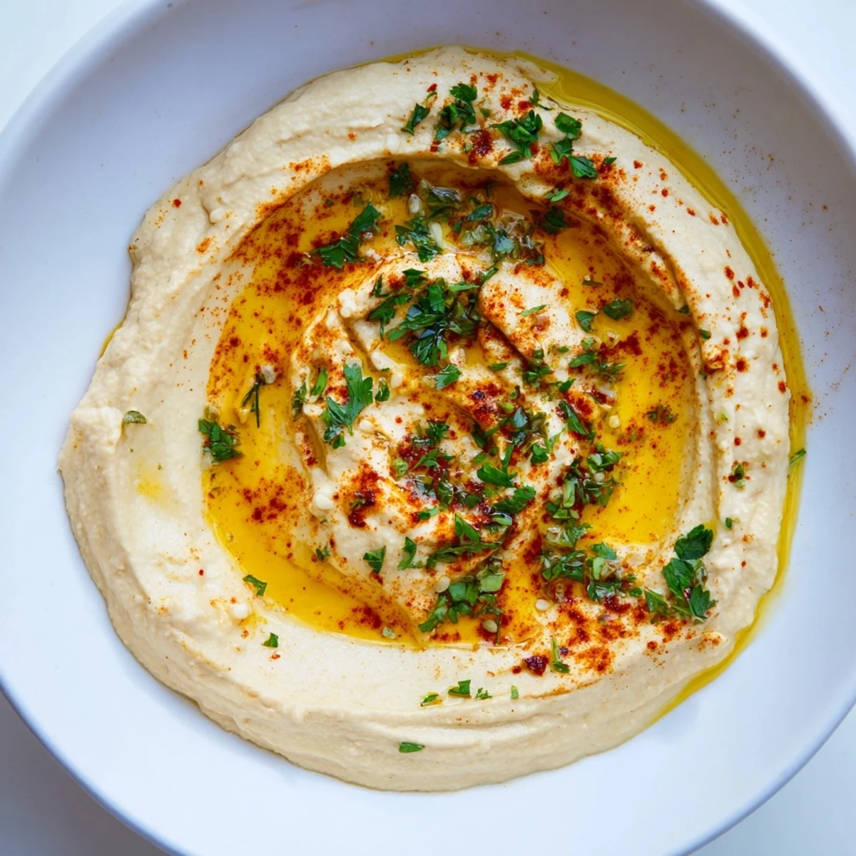 Creamy homemade hummus, drizzled with olive oil and spices, a perfect 5-minute appetizer.
