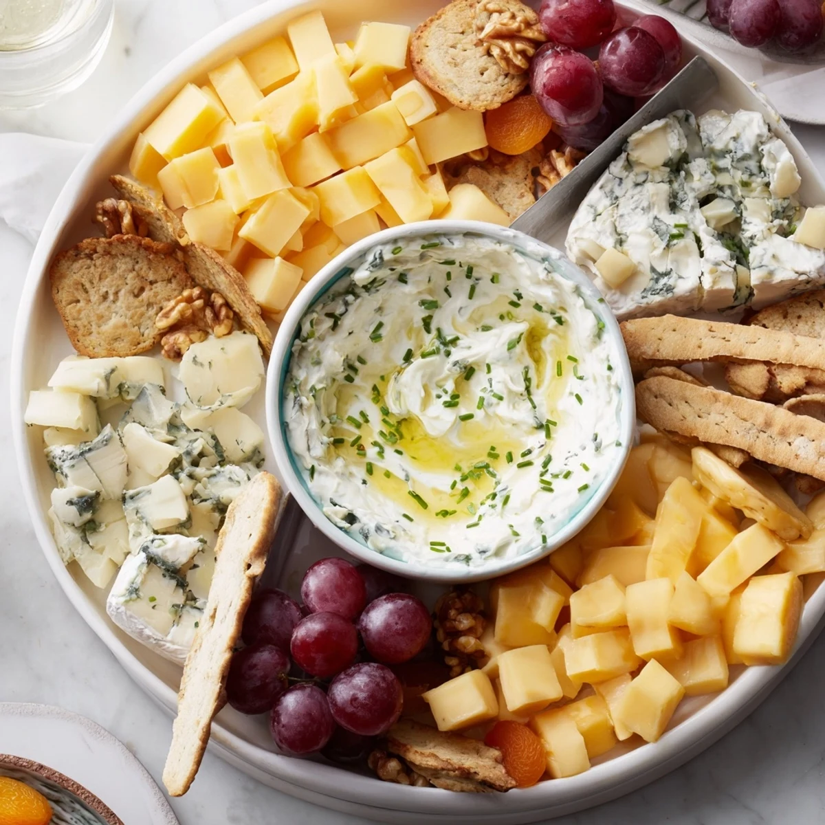 Artistic presentation of The Celtic Cross Cheese Platter, showcasing creamy cheeses and colorful fruits.