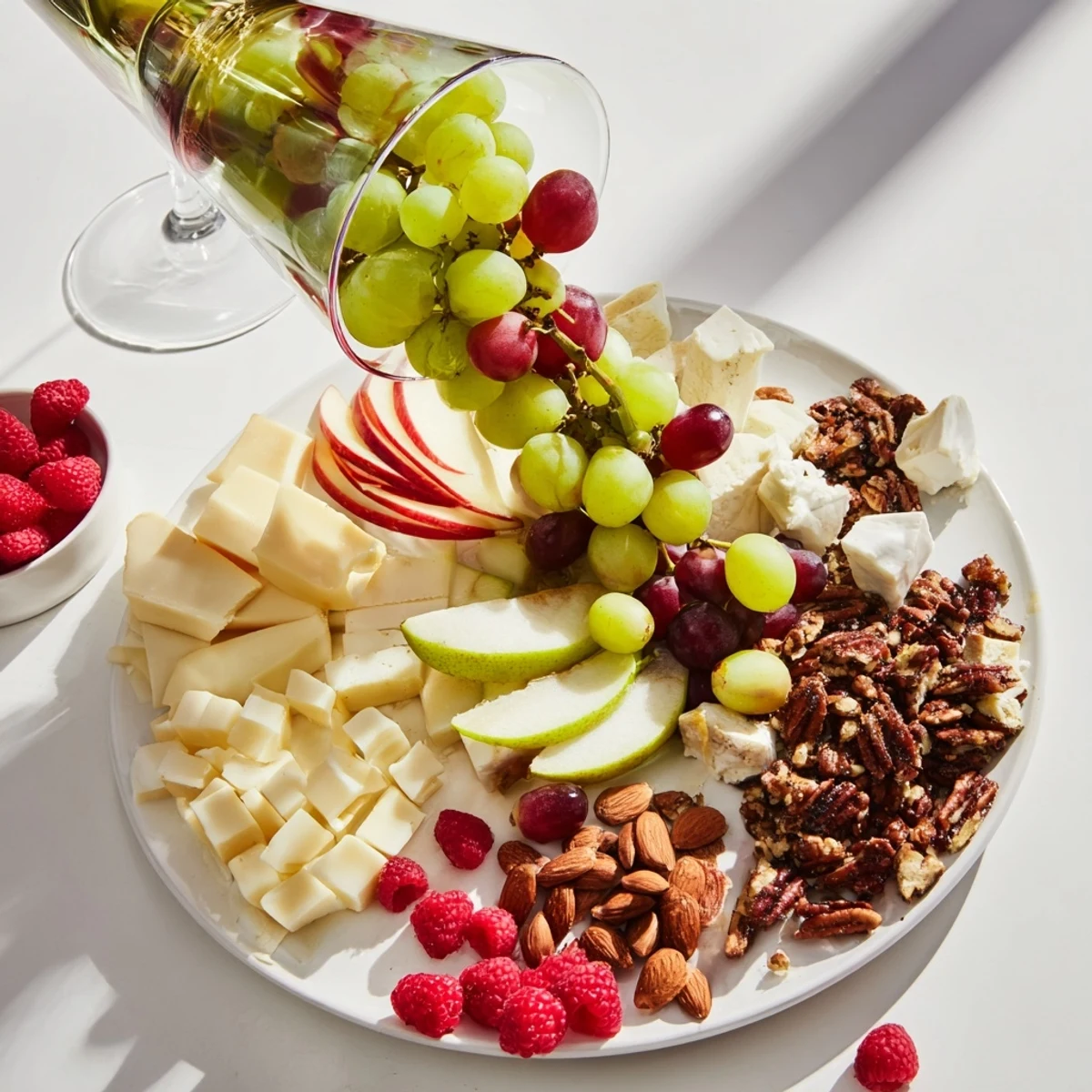 A beautifully arranged Champagne Waterfall Board overflowing with fruits, cheeses, and irresistible treats.
