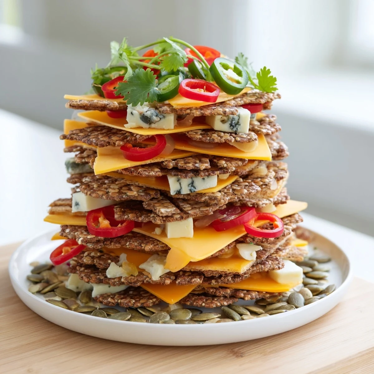 A colorful Southwest Mesa appetizer displays layered cheeses, crackers, peppers, and cilantro, ready to eat.
