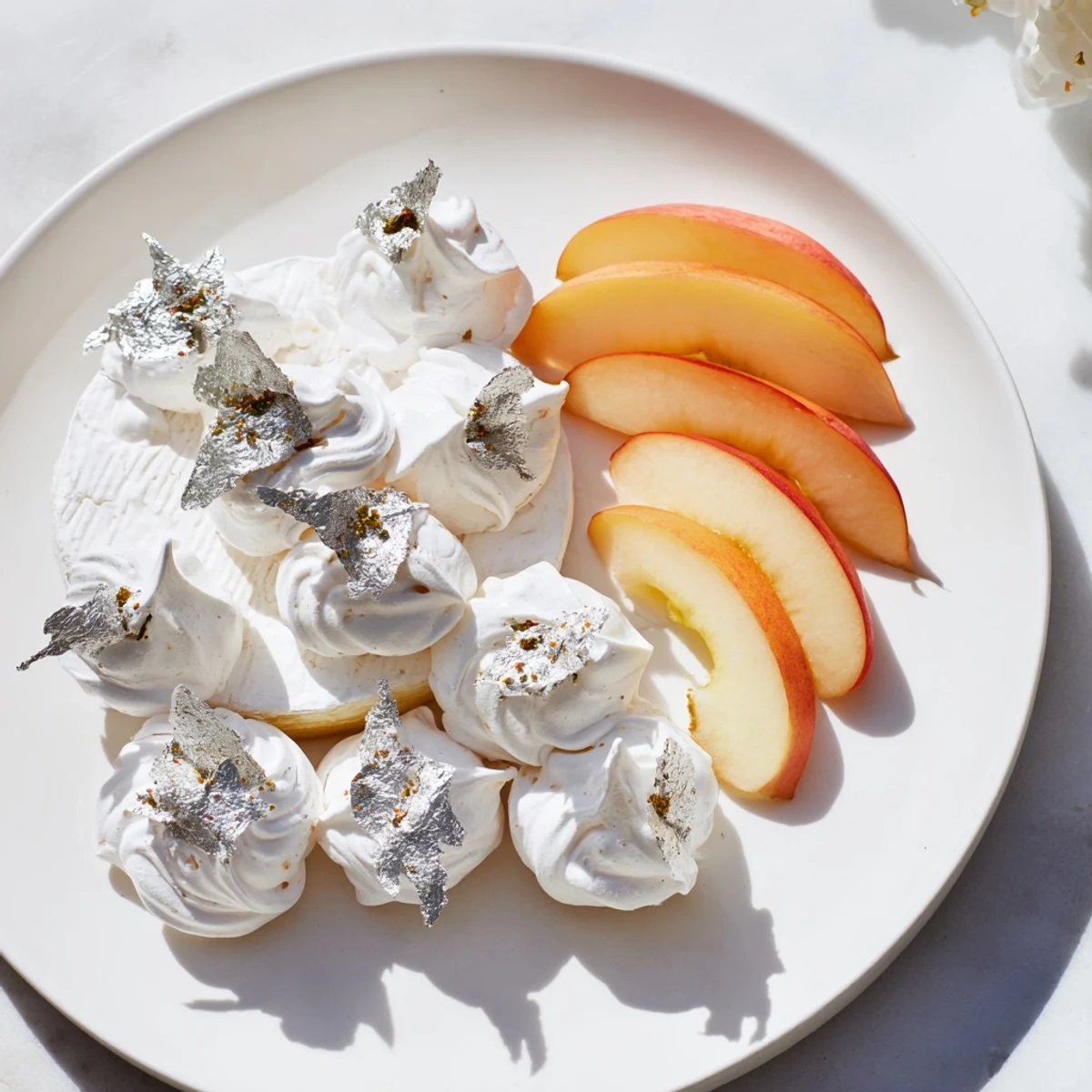 Elegant "Pearly Gates" cheese board featuring creamy brie and delicate white peaches, ready to serve.