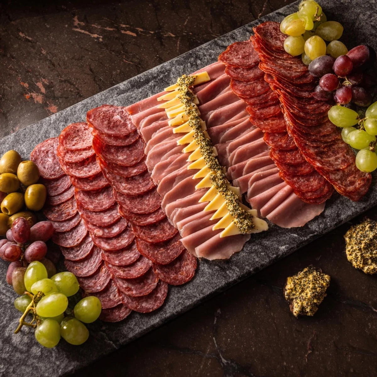 The Industrial Slate charcuterie board, a visually stunning appetizer featuring cold cuts and cheeses.