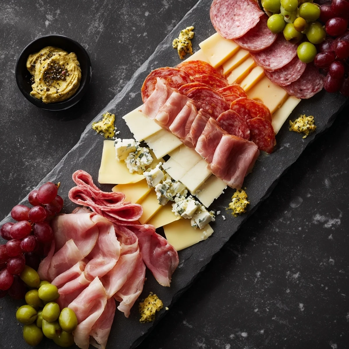 Enjoy a delicious The Industrial Slate appetizer with an array of vibrant cold cuts and sharp cheeses.