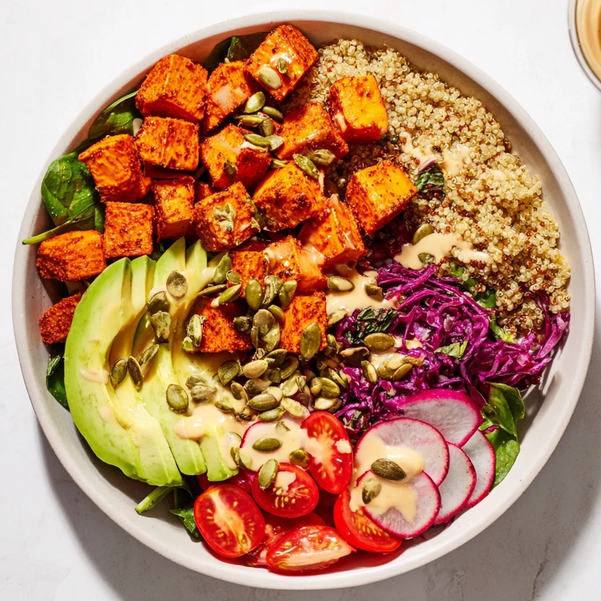 Complete Veggie Bowl brimming with roasted sweet potatoes, quinoa, tahini dressing, and fresh herbs.