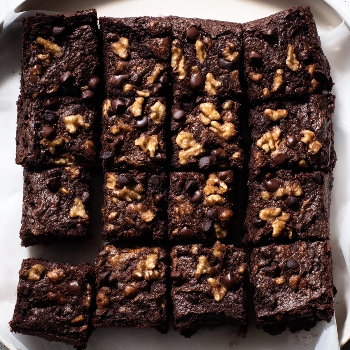 Fudgy walnut brownies in a baking pan, warm and glistening, ready to serve with ice cream.