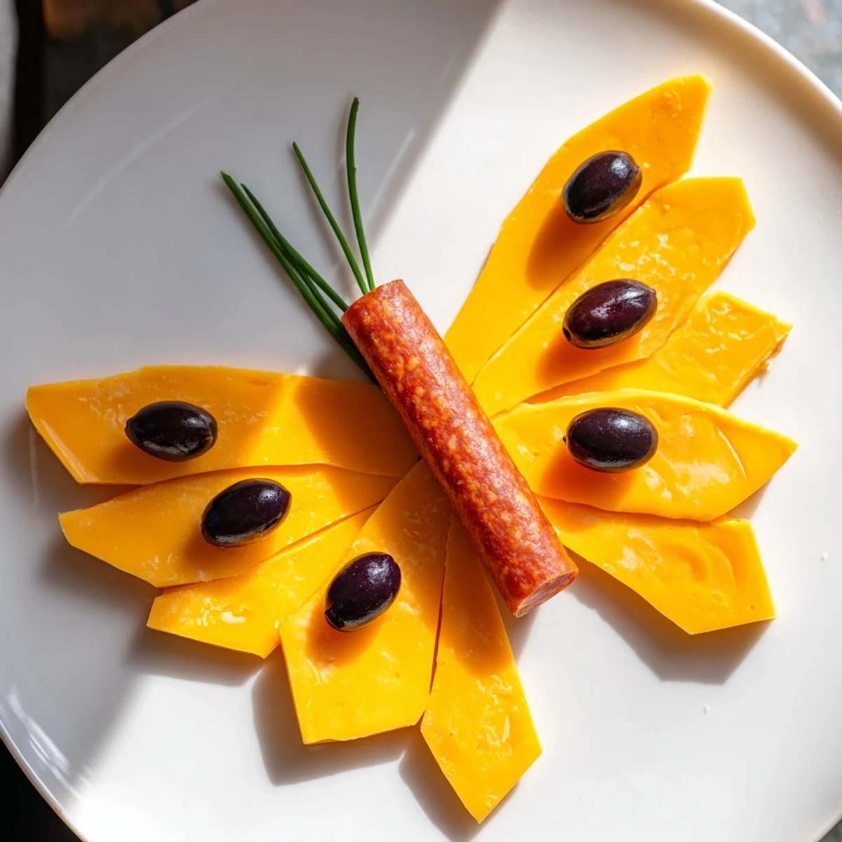 Appetizing butterfly migration platter with cheddar wings, salami body, and olive spots, perfect appetizer.