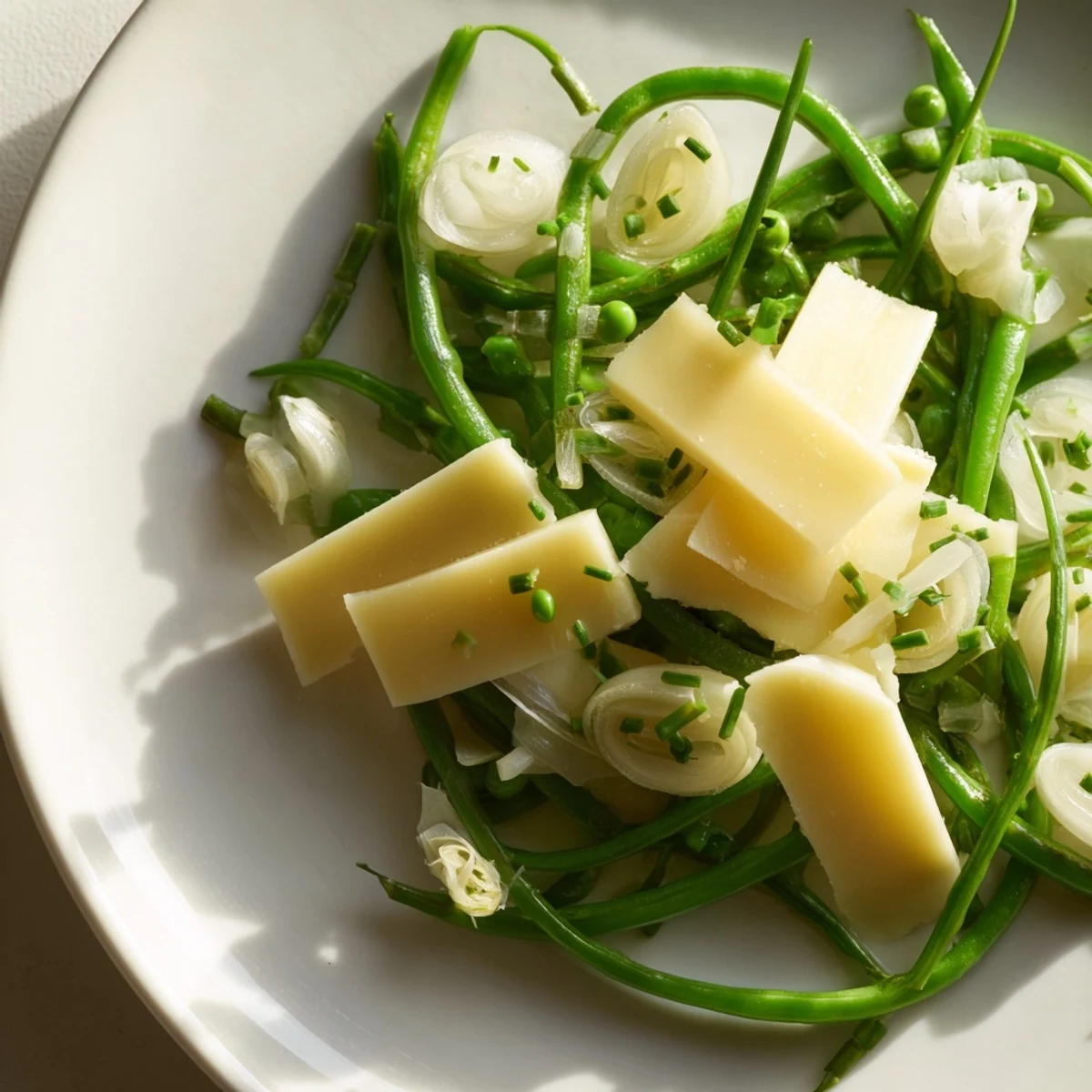 Fresh, green English Ivy salad with snap peas and cheddar, ready to eat in a vibrant display.