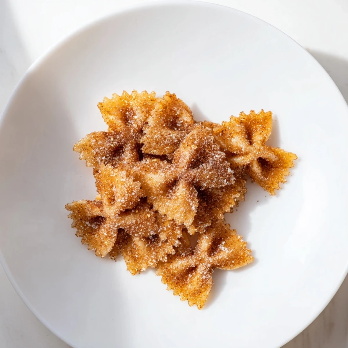 Golden, air-fried Air Fryer Pasta Christmas Crack, coated in a sweet cinnamon sugar mixture, ready to eat.