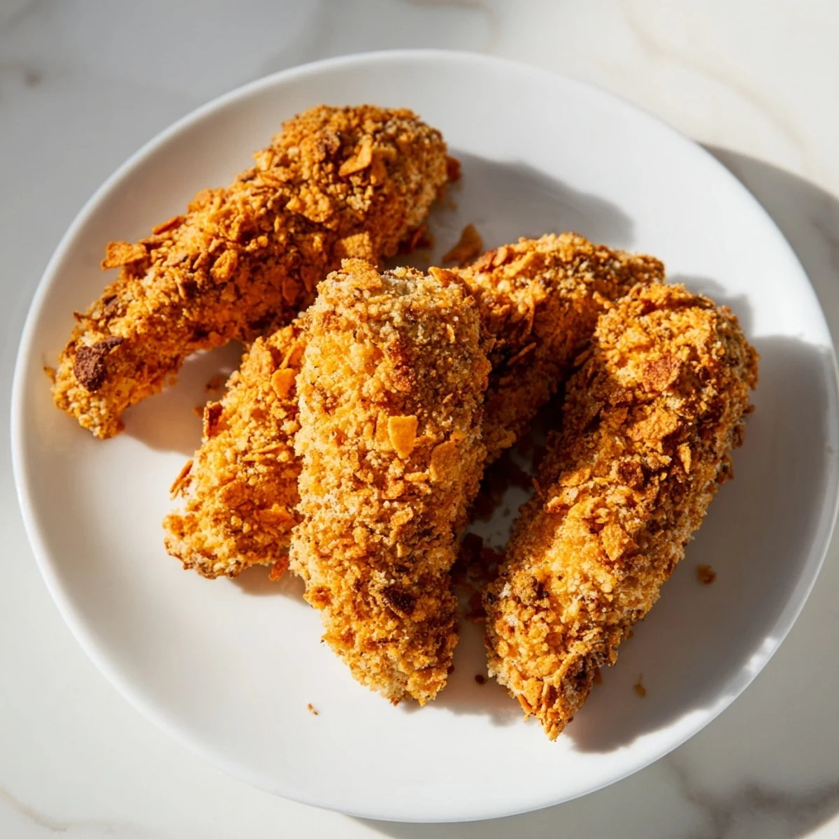 Golden brown crispy onion chip chicken tenders, perfect for dipping in your favorite sauces.