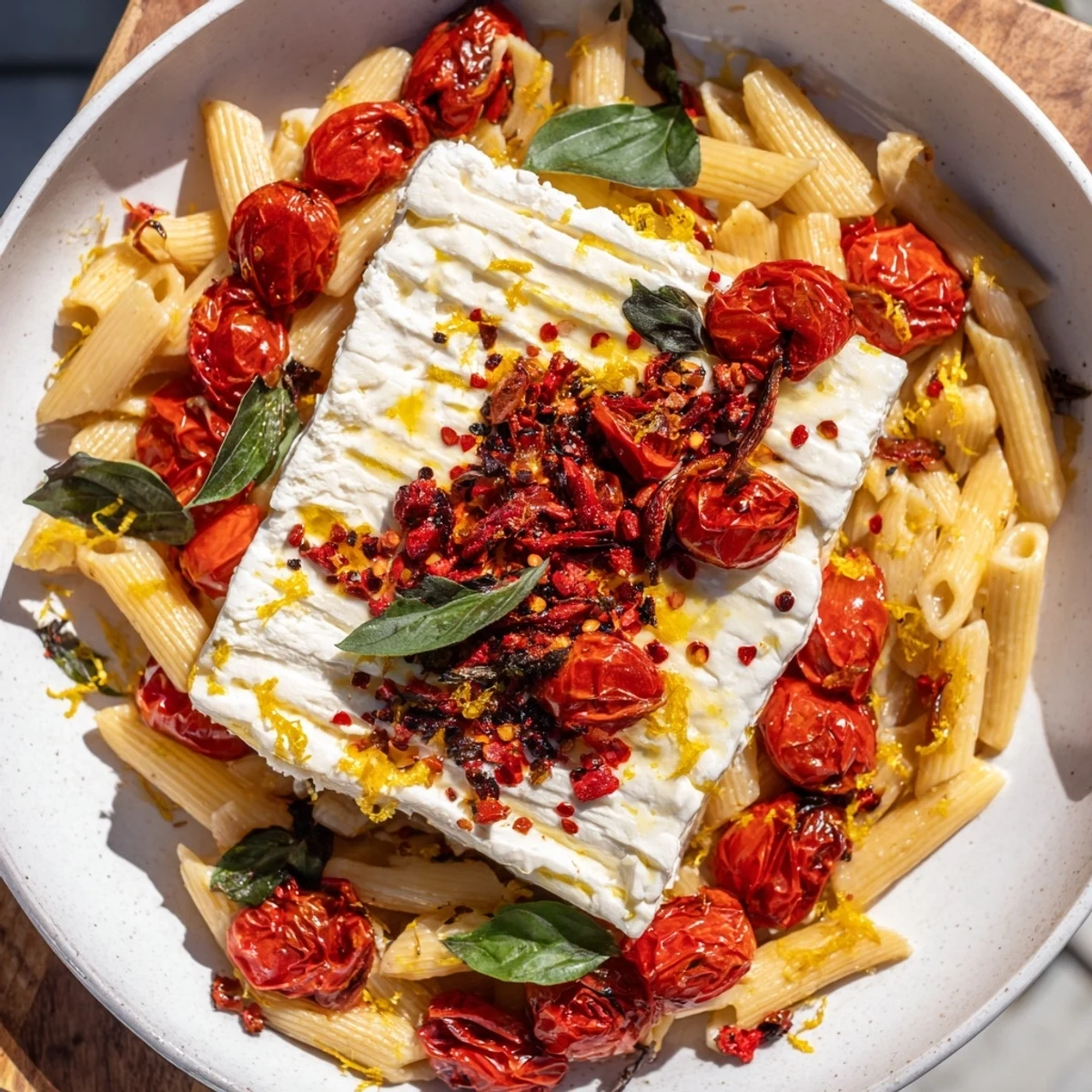 Baked Feta 2.0 with honey: a close-up of creamy, golden feta cheese with bursting roasted tomatoes.