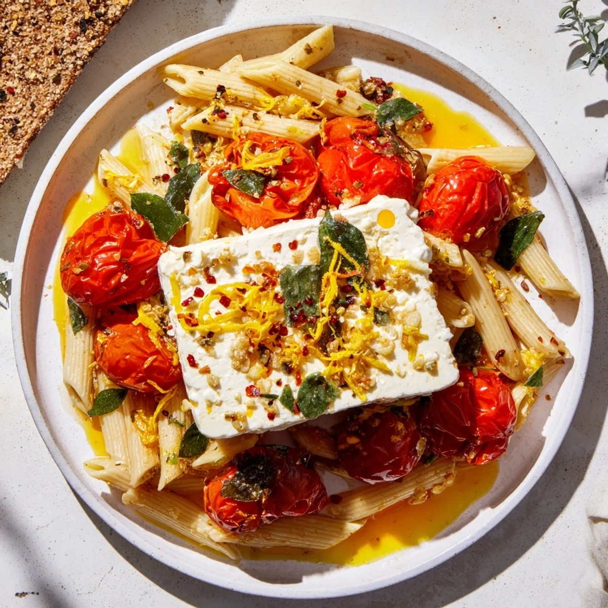 Vibrant image of Baked Feta 2.0 with honey, a flavorful Mediterranean pasta dish, ready to eat.