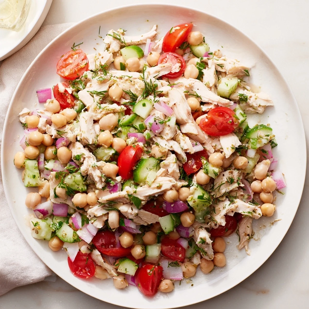 Hearty Dense Bean Salad with Lemon-Dill Chicken, featuring colorful vegetables and tender chicken.