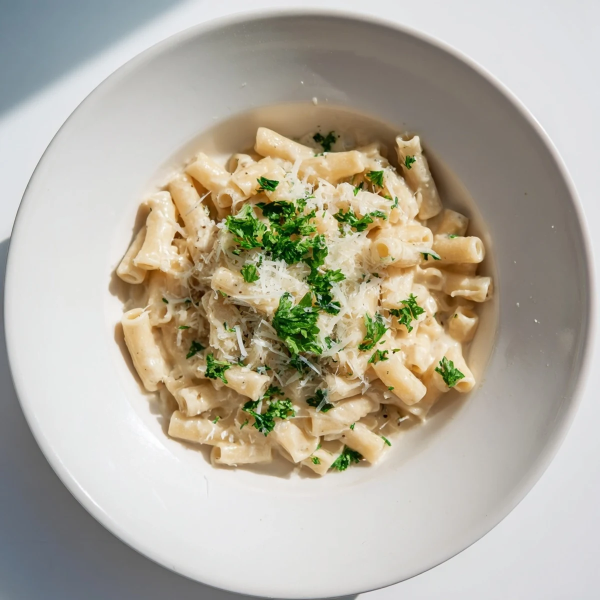 Steaming bowl of One-Pot Garlic Butter Ditalini, a creamy delight topped with fresh parsley.