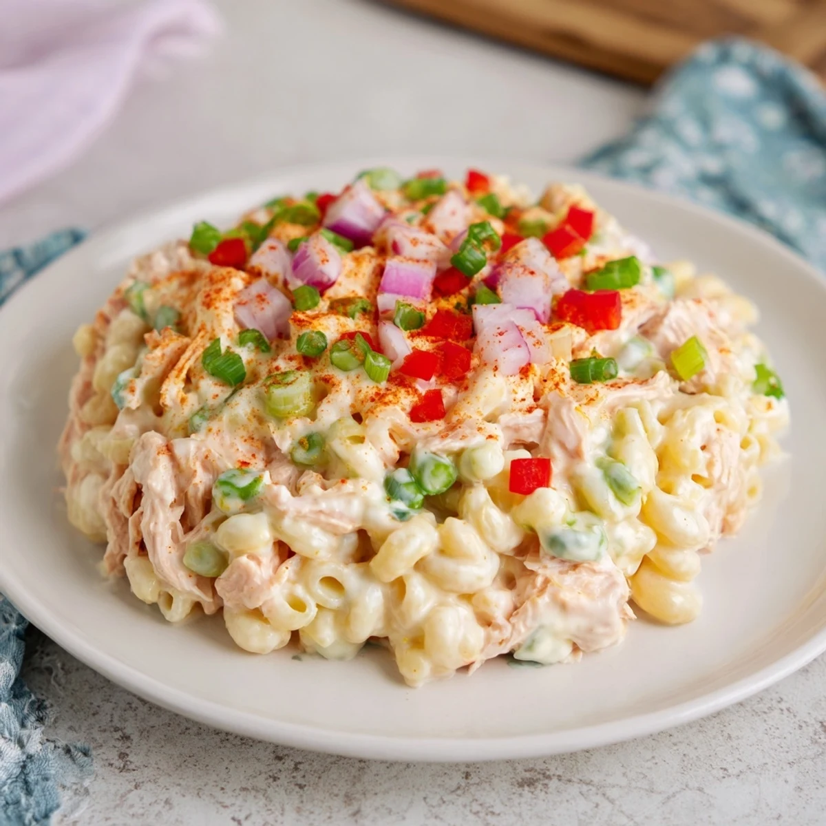 Chilled Chicken Macaroni Holiday Salad, showcasing tender chicken amidst colorful vegetables and a creamy sauce.
