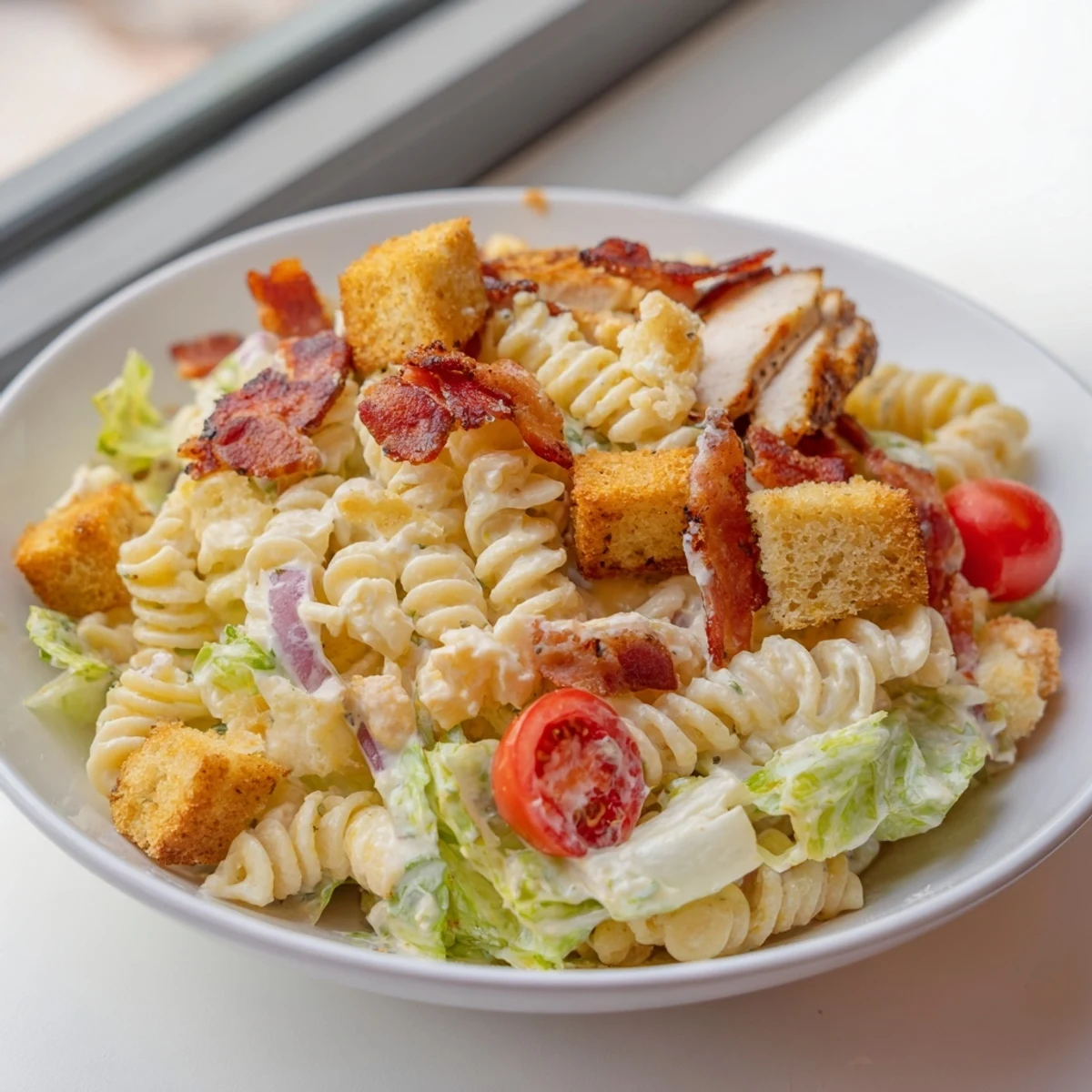 Chicken Caesar Pasta Salad: A close-up view shows a vibrant mix of ingredients in this refreshing salad.