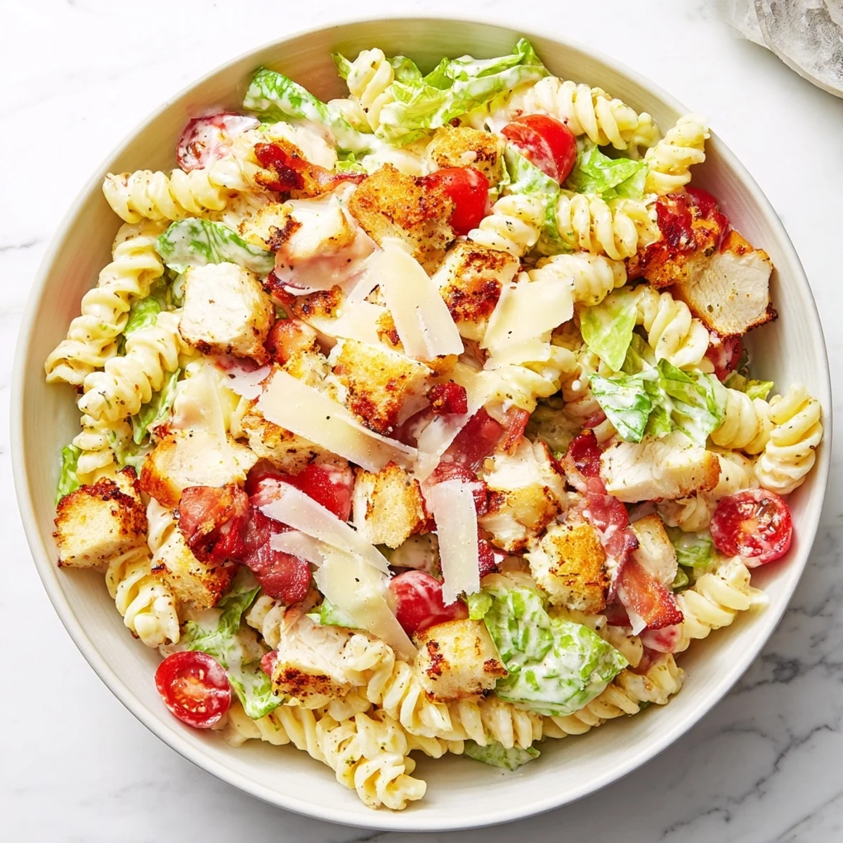 Fresh Chicken Caesar Pasta Salad, featuring grilled chicken and crispy bacon, ready to be enjoyed.