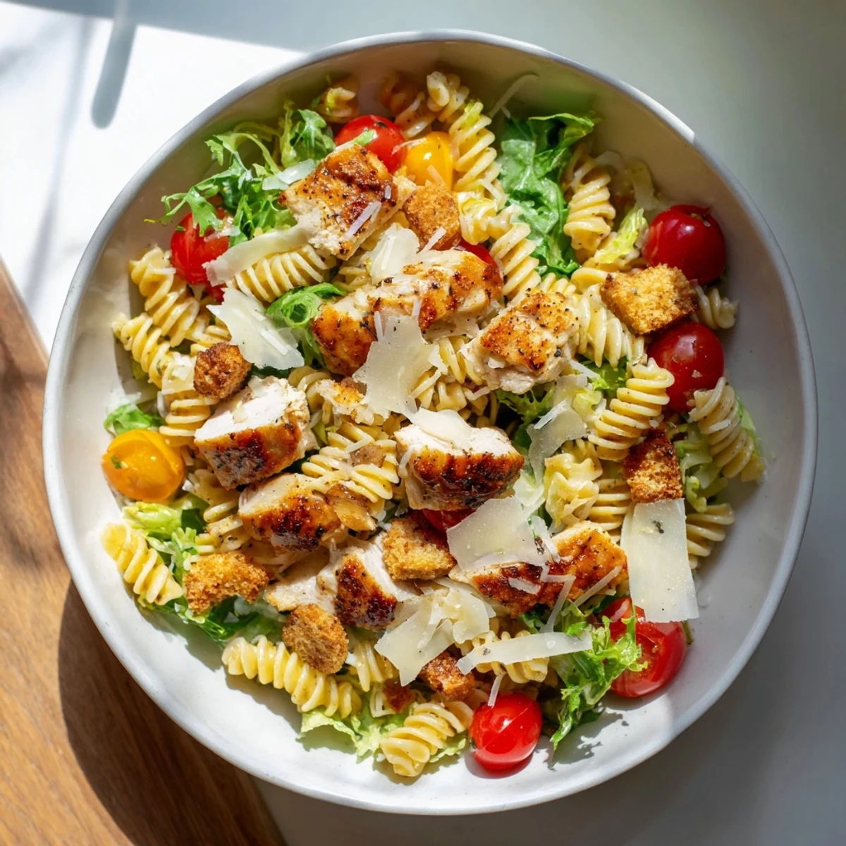 Creamy Caesar dressing coats the rotini in this satisfying Chicken Caesar Pasta Salad, a perfect meal.