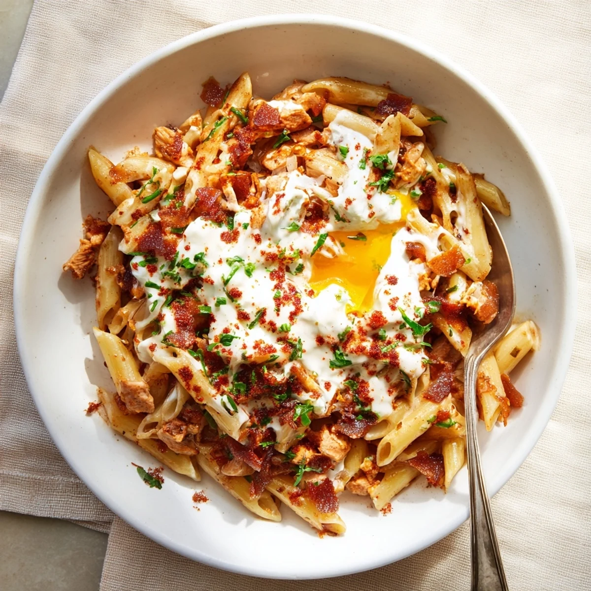 A vibrant image of Turkish Pasta with Ground Turkey: a delicious meal, complete with fresh herbs.