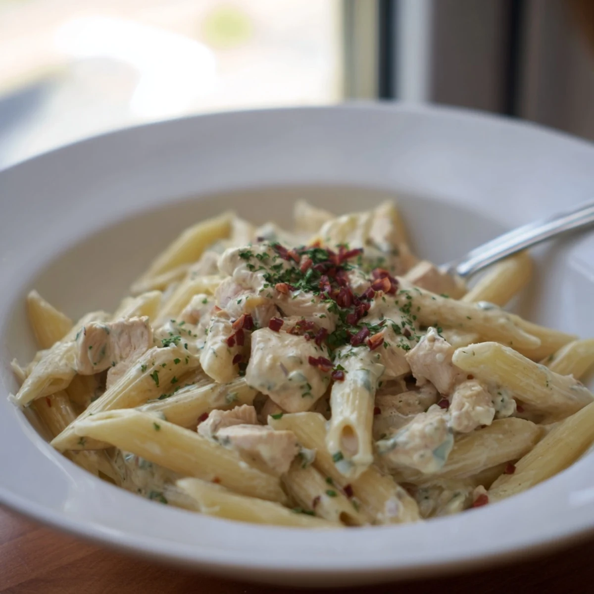 This close-up showcases flavorful Turkish Pasta with Ground Turkey, topped with a creamy yogurt sauce.