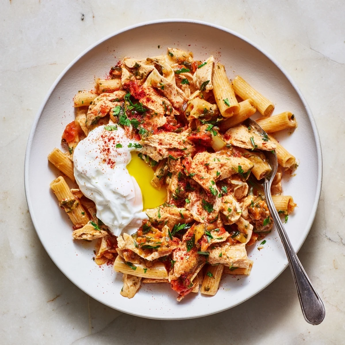 Glistening, perfectly plated Turkish Pasta with Ground Turkey: a beautiful comfort food dinner.