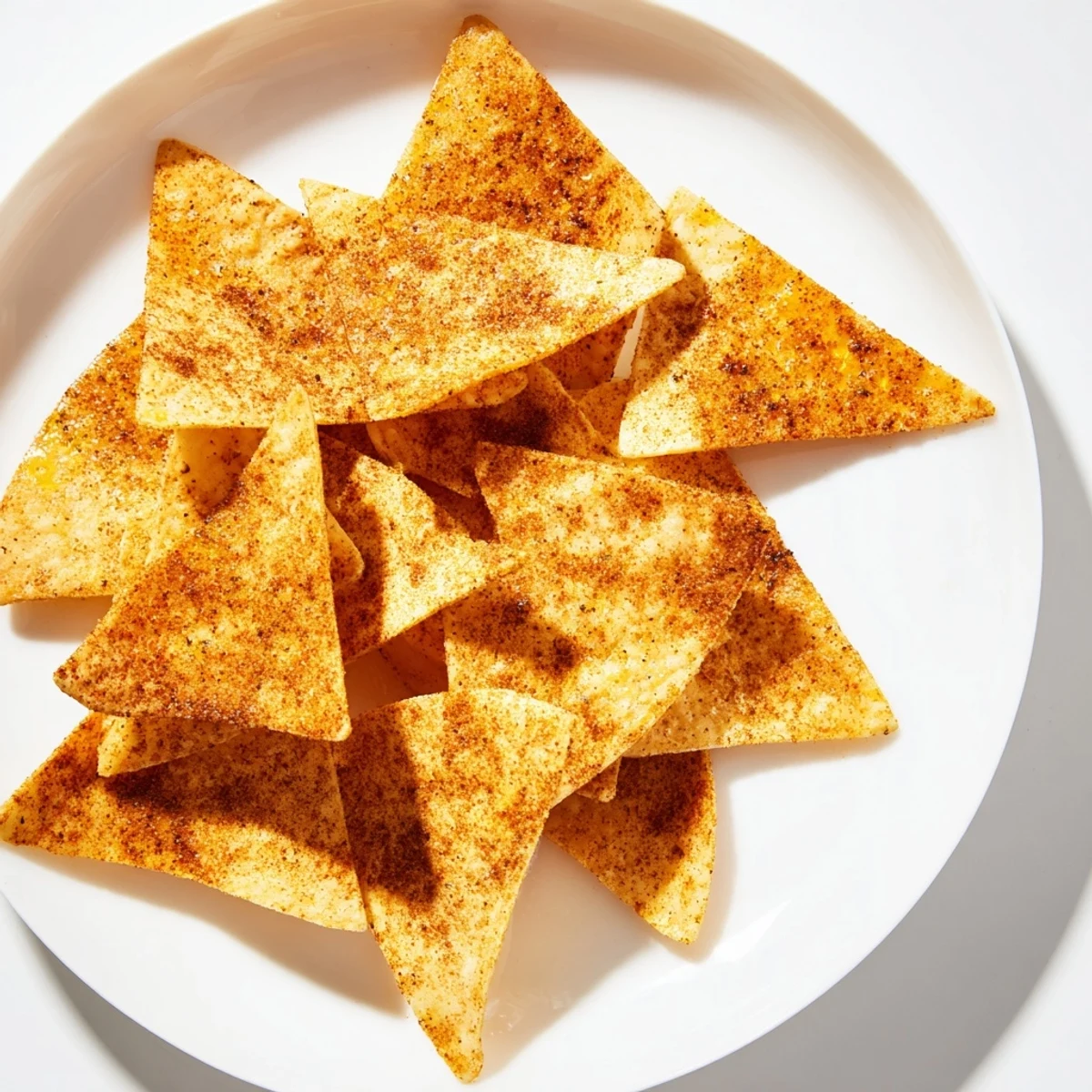 Golden brown air-fryer tortilla chips, perfectly crisp, ideal for a creamy guacamole dip.