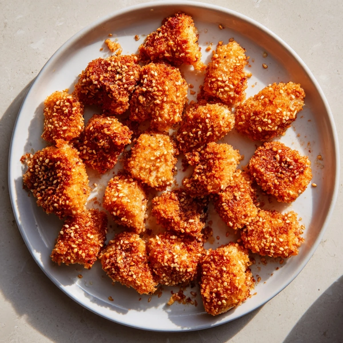 Golden, crispy Spicy Yogurt Chicken Bites ready to serve, a delicious and flavorful appetizer.