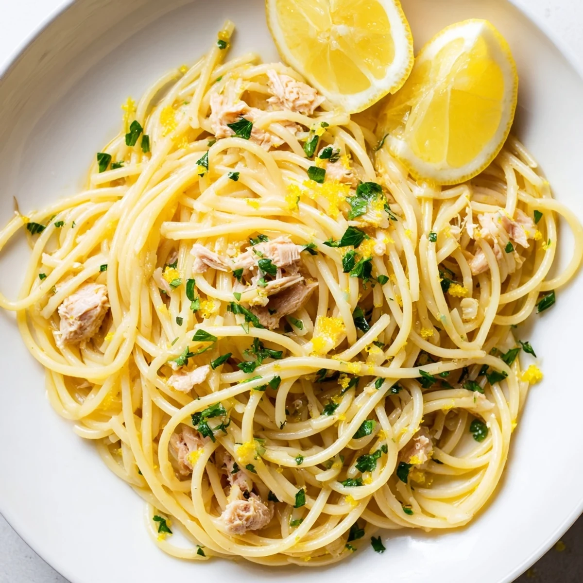 This photo features perfectly twirled Lemon-Garlic Tuna Spaghetti, garnished with fresh parsley and lemon wedges.