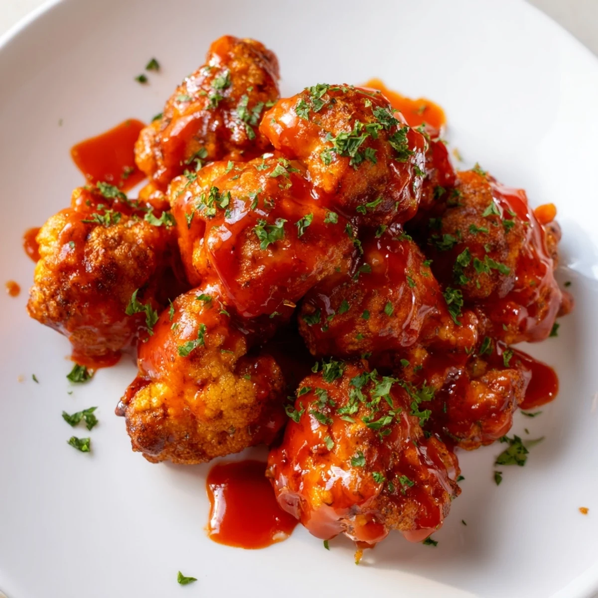 Golden, crispy Sriracha-Buffalo Cauliflower Bites, coated in a glistening, flavorful sauce and ready to serve.
