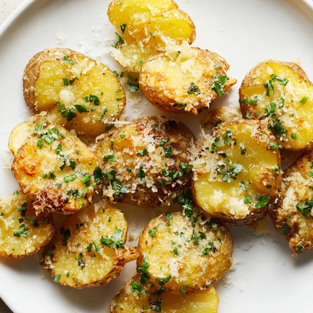 A baking sheet piled high with perfectly browned Parmesan smashed potatoes, ready to be served.