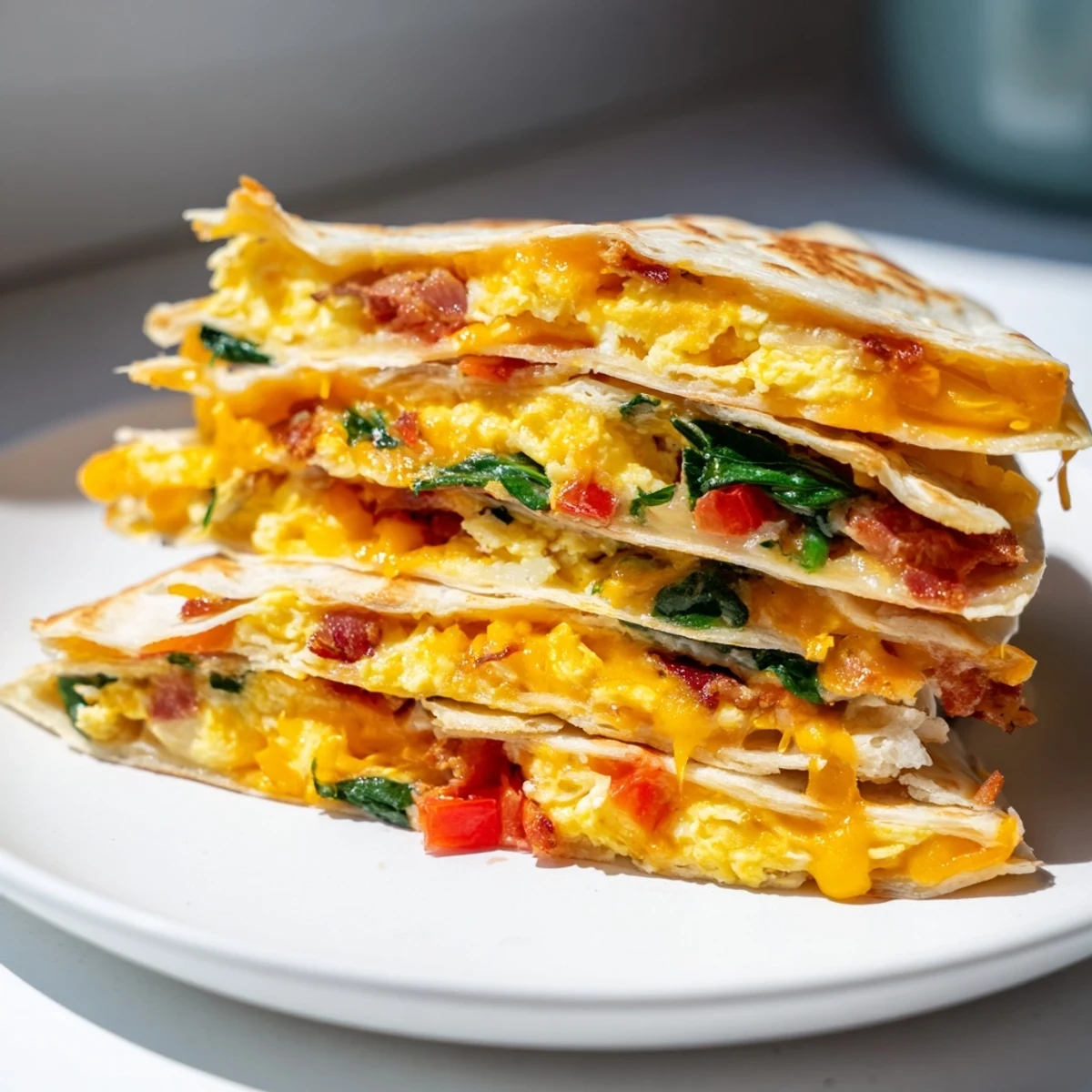 Golden, crispy Breakfast Quesadilla Hack with melted cheese, fluffy eggs and bacon, perfect for breakfast.