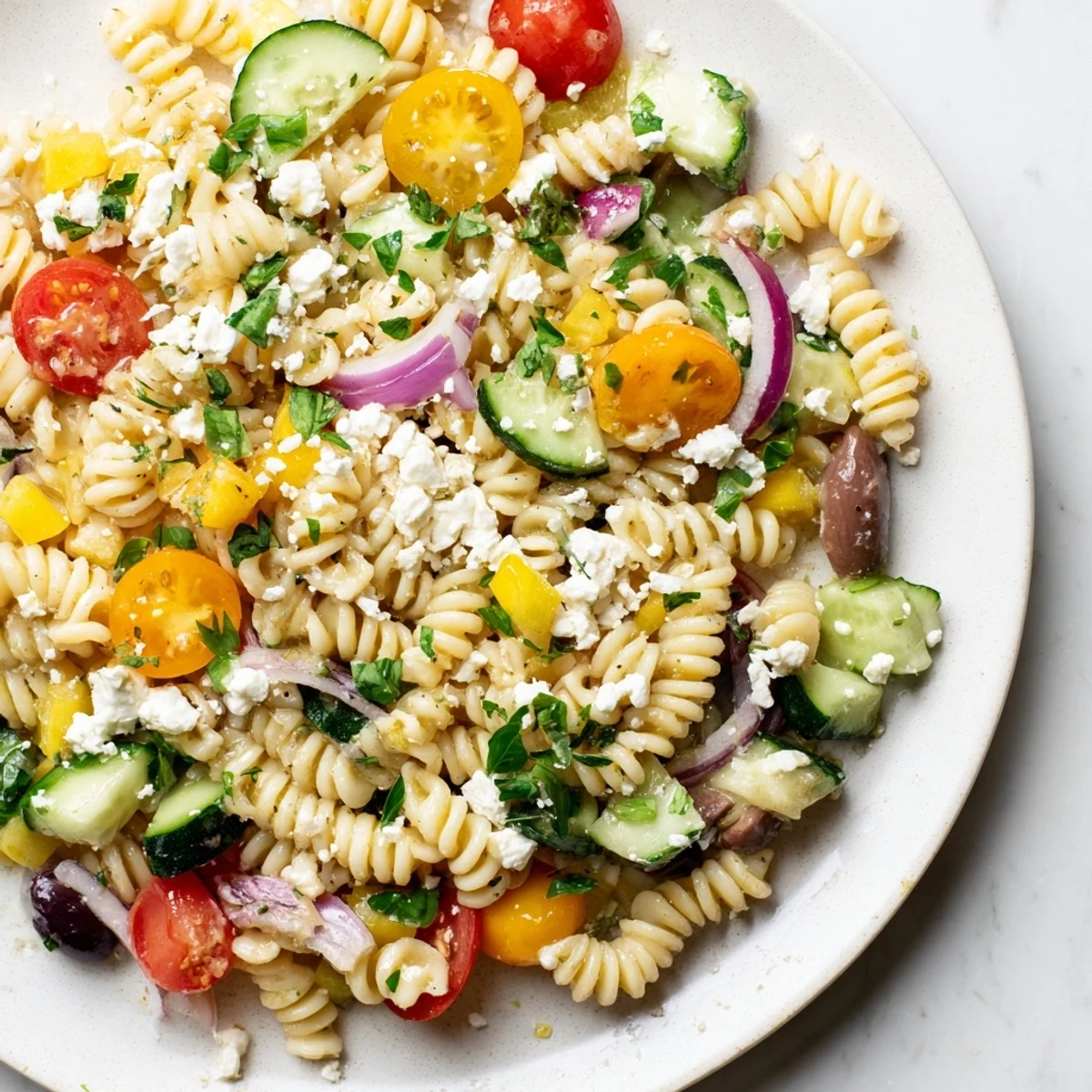 A vibrant image of refreshing Lemon Pasta Salad with fresh herbs and colorful vegetables.