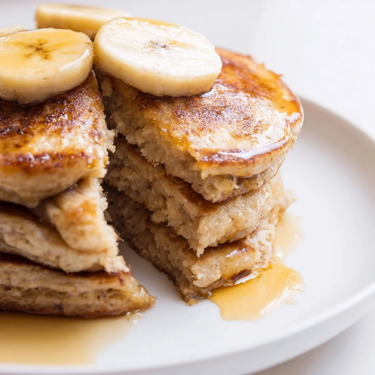 Stack of light, airy Protein Banana Pancakes with visible flecks of banana, a delightful breakfast.