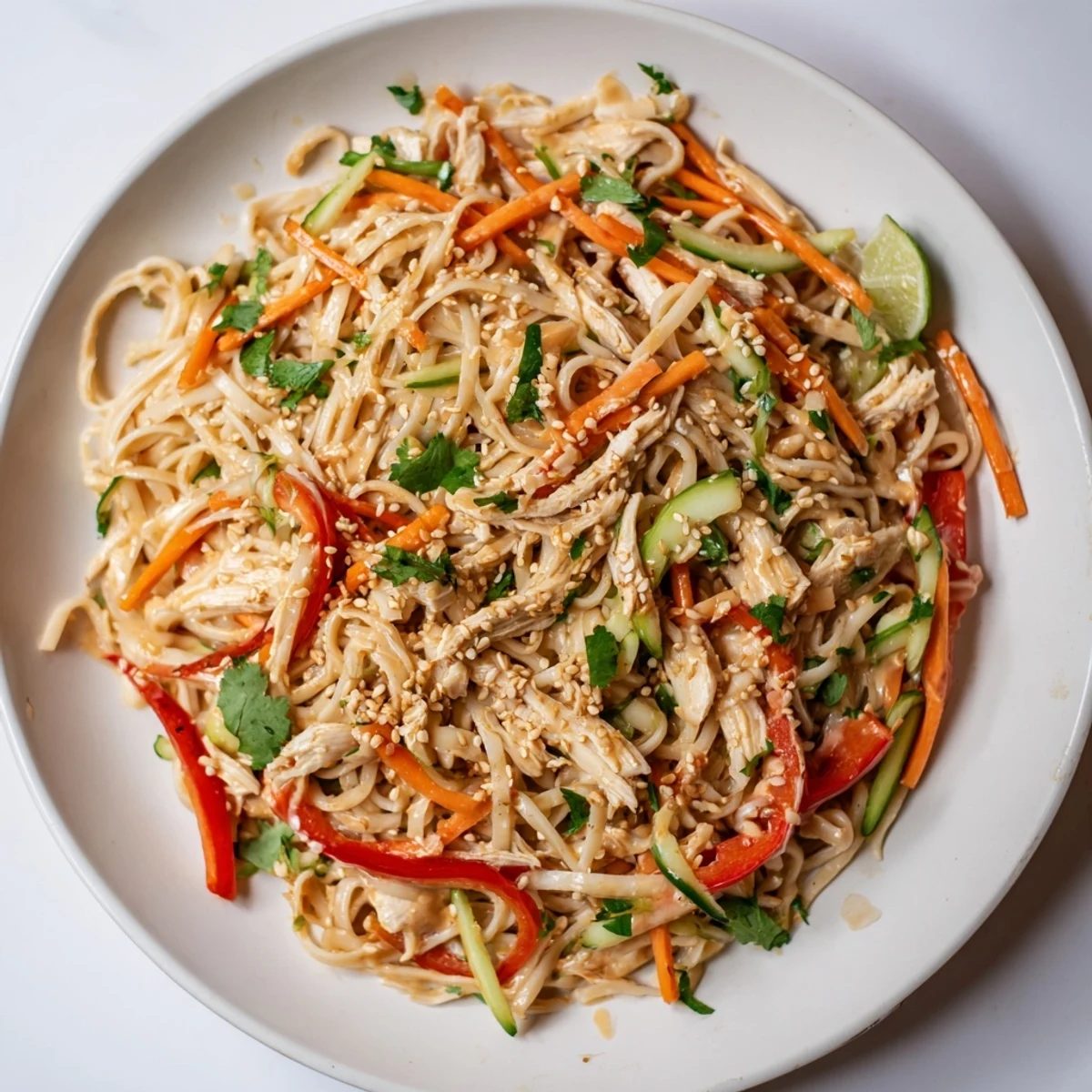 A chilled Chicken Noodle Salad overflowing with colorful vegetables, perfect for a summer picnic.